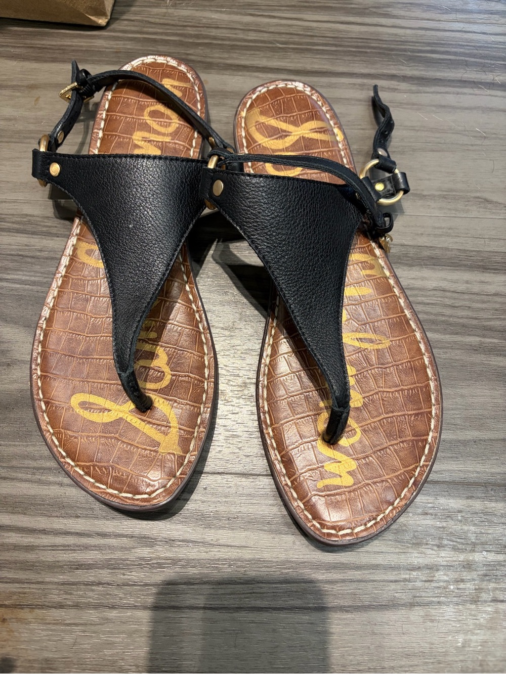 Sam Edelman Black Leather T-Strap Sandals with Brown Footbed